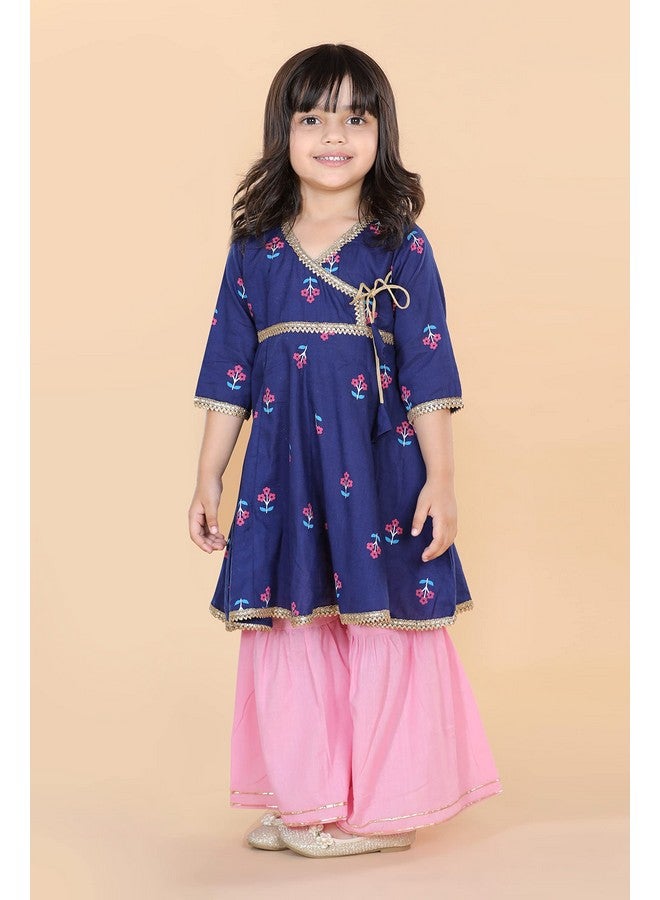 Adiva Kids Ethnic Wear Cotton Floral Printed Angrakha Blue Kurta Sharara Set For Girls (G-1049-BLUE-24) - Image 2