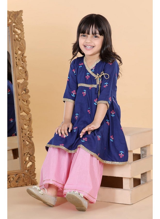 Adiva Kids Ethnic Wear Cotton Floral Printed Angrakha Blue Kurta Sharara Set For Girls (G-1049-BLUE-24) - Image 4