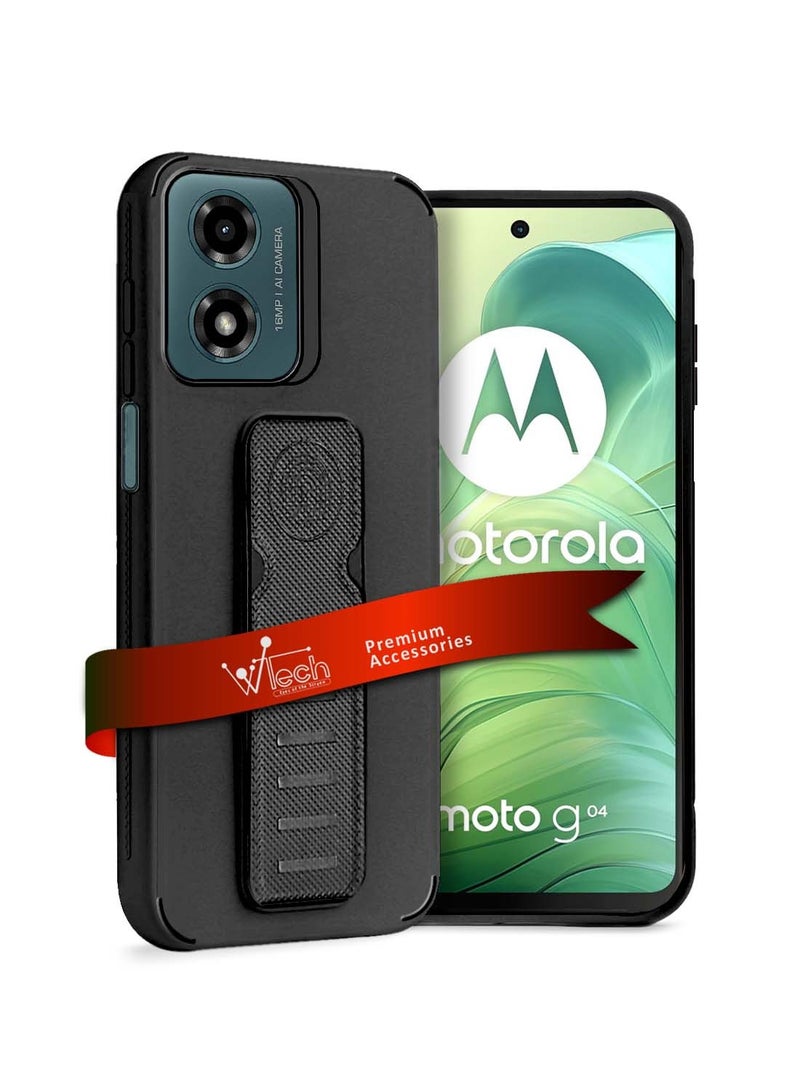 Wtech Motorola Moto G04 / Moto E14 4G 2024 Hand Grip Foldable Magnetic Kickstand Wrist Strap Finger Grip Drop Resistance With Built-In Iron Case Cover - Black - Image 1