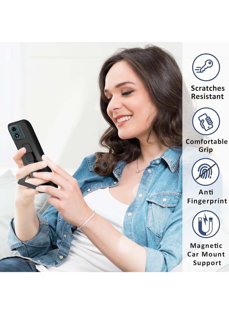 Wtech Motorola Moto G04 / Moto E14 4G 2024 Hand Grip Foldable Magnetic Kickstand Wrist Strap Finger Grip Drop Resistance With Built-In Iron Case Cover - Black - Image 2