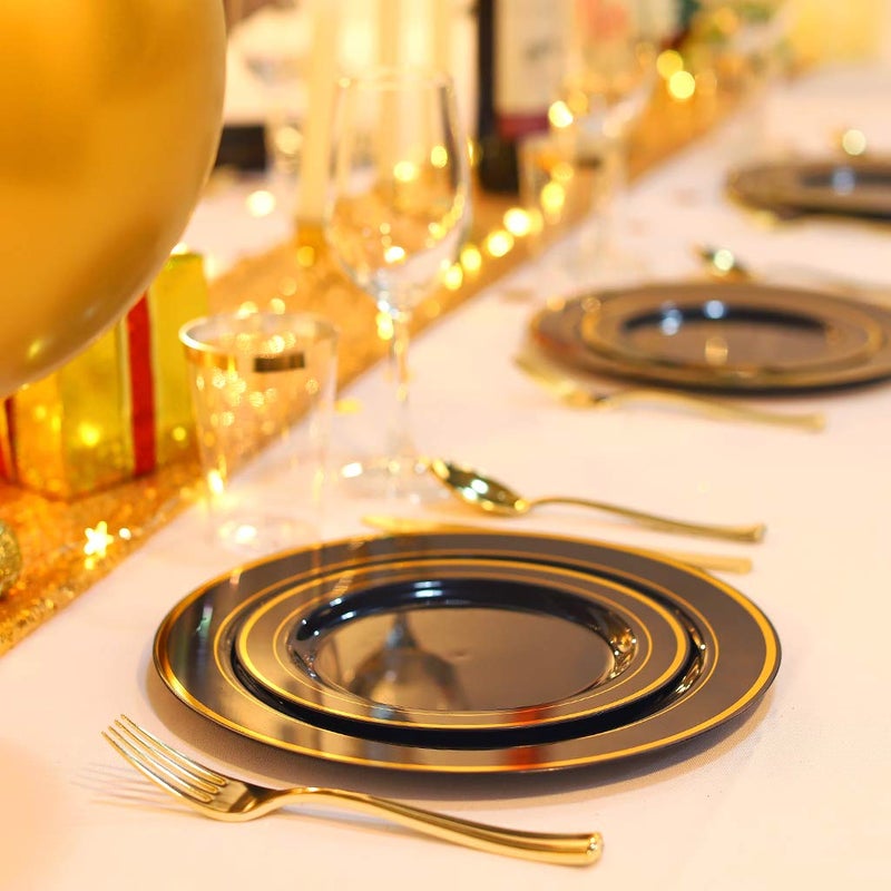 bUCLA 100 Pieces Black and Gold Plastic Dinner Plates - 10.25 inch Black Disposable Plates with Gold Rim - Disposable Dinner Plates - Ideal for Halloween Weddings Parties New Year - Image 4