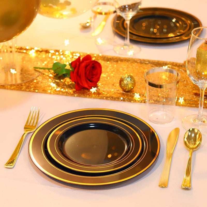 bUCLA 100 Pieces Black and Gold Plastic Dinner Plates - 10.25 inch Black Disposable Plates with Gold Rim - Disposable Dinner Plates - Ideal for Halloween Weddings Parties New Year - Image 3