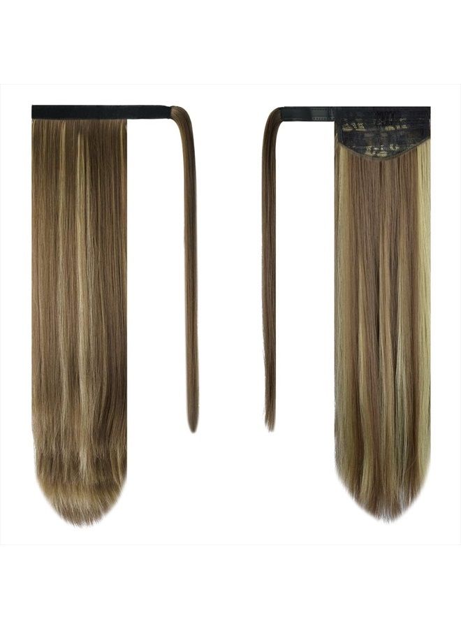BARSDAR 26 inch Ponytail Extension Long Straight Wrap Around Clip in Synthetic Fiber Hair for Women - Blonde & Medium Brown - Image 2