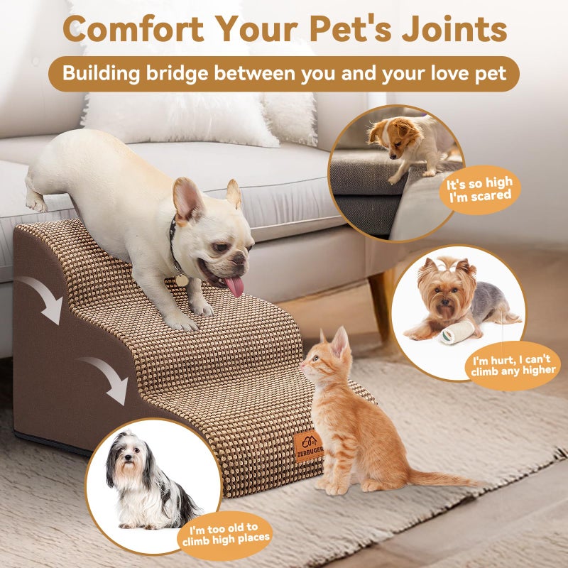 Zerbuger Dog Ramp and Stair for Bed 16" H-20 H,3-Step Cat Stair for Sofa and Chair,4-Step Dog Ramp for High Bed and Window,Durable Nonslip Fabric Cover for Indoor (Coffee-16 H, Pet Friendly, 3) - Image 3