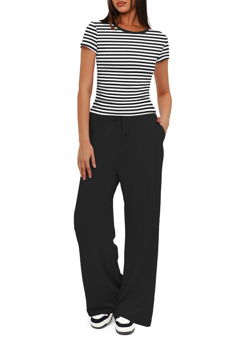 Darong Womens Two Piece Outfits Lounge Sets Ruched Short Sleeve Pullover Tops and High Waisted Pants Tracksuit Sets 9042A Black Striped M