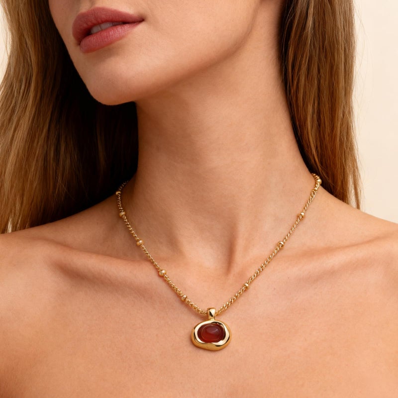 Jean Beau Gold Natural Amber Stone Pendant Necklace for Women, Chunky Orange Gemstone Dangle Necklaces Wedding Prom Fashion Jewelry Gift - Image 2