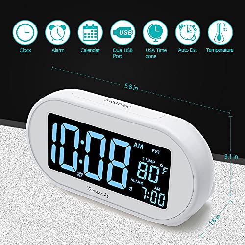 DreamSky Alarm Clocks for Bedrooms, Auto Set Digital Desk Clock for Bedside Nightstand, Electric Clock with Dimmable Brightness Dimmer, Auto DST, USB Port, Date, Temperature, Snooze - Image 2