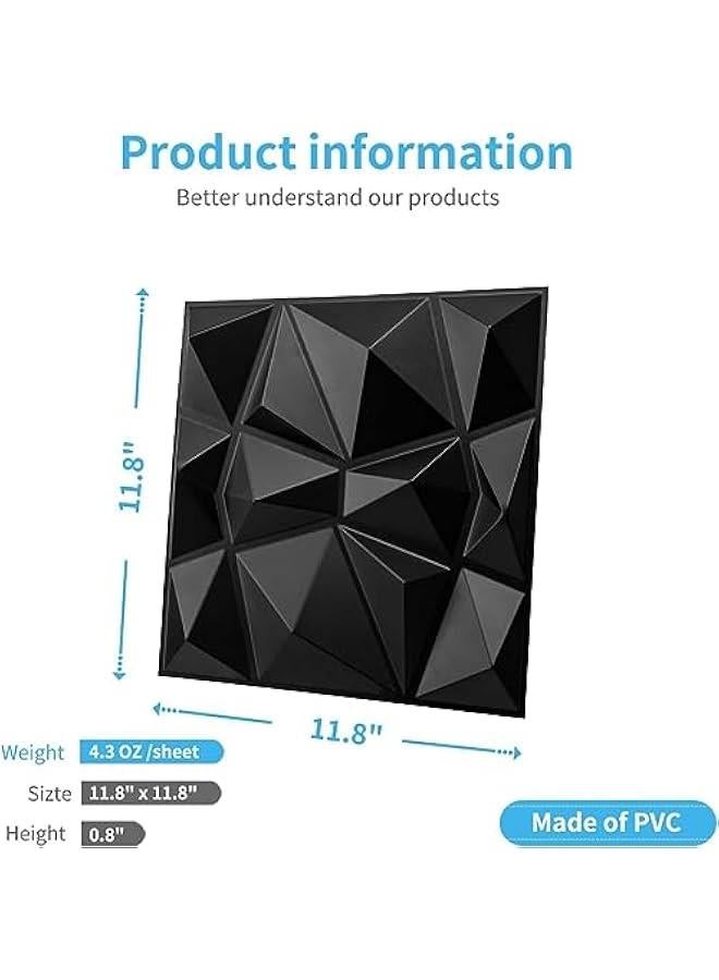 TRASSLE 12 Pack 50 * 50cm 3D Wall Panels，Decorative 3D Wall Panels in 3D Diamond Design, PVC 3D Wall Panel Diamond, 3D Textured Wall Panels, for Interior Wall Decor(A-Black) - Image 2
