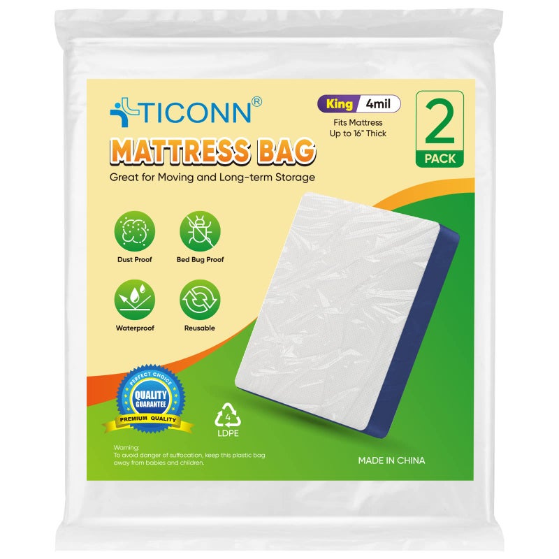 TICONN 2PK Plastic Mattress Bag for Moving Storage, Waterproof Mattress Protector Cover, Heavy-Duty Mattress Moving Supplies (4 mil, King) - Image 1