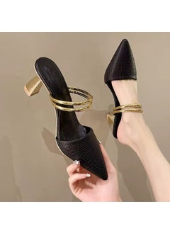 Elegant High Heel Womens Sandals 2025 Summer New Style One-Row Strap Pointed Toe Wide Platform Two-Way Wear Slippers Black [7cm]