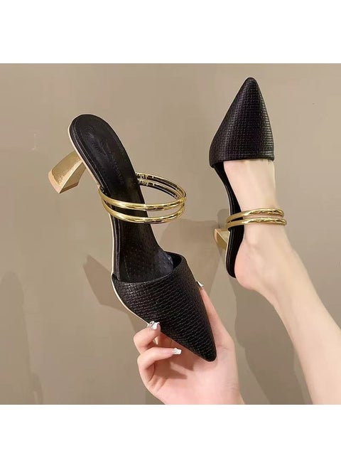 Elegant High Heel Womens Sandals 2025 Summer New Style One-Row Strap Pointed Toe Wide Platform Two-Way Wear Slippers Black [7cm]
