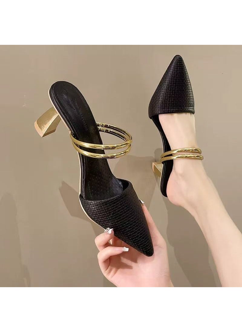 Generic - Elegant High Heel Womens Sandals 2025 Summer New Style One-Row Strap Pointed Toe Wide Platform Two-Way Wear Slippers Black [7cm] - Image 1