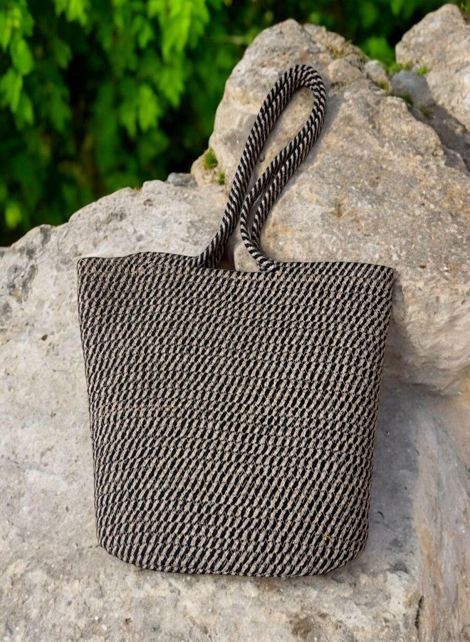 DYARCHY Attractive Hand Bag | Summer Bucket Basket Bamboo Tote | Beach Boho Kauna Handbag for Women | Jute Handmade (BLACK BEIGE) - Image 3
