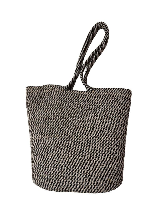 DYARCHY Attractive Hand Bag | Summer Bucket Basket Bamboo Tote | Beach Boho Kauna Handbag for Women | Jute Handmade (BLACK BEIGE) - Image 1