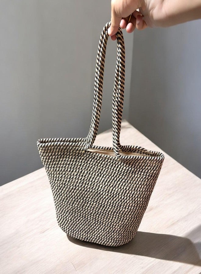 DYARCHY Attractive Hand Bag | Summer Bucket Basket Bamboo Tote | Beach Boho Kauna Handbag for Women | Jute Handmade (BLACK BEIGE) - Image 2