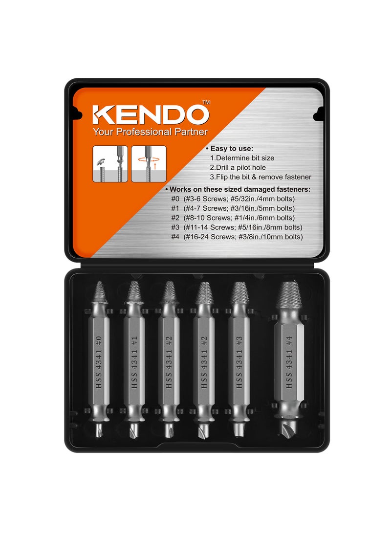 Kendo KENDO Damaged Screw Extractor Set - Remover for Stripped Screws Nuts & Bolts, Drill Bit Tools for Easy Removal of Rusty & Broken Hardware, 6PC HSS Drill Bit Bolt Extractor Kit, Superb Gifts for Men  - Image 1