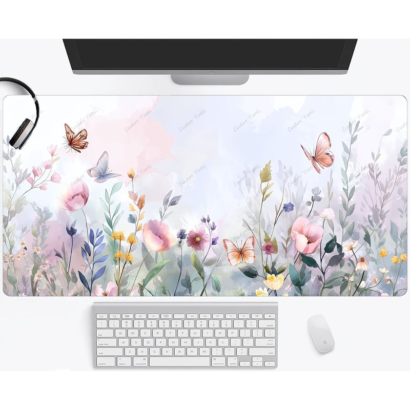 One Large Gaming Mouse Pad With Watercolor Flowers And Butterflies Design 27.5 X 11.8 Inches Anti Slip Rubber Base Stitched Edges For Home And Office Use - Image 1