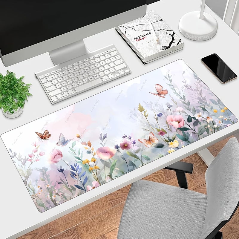 One Large Gaming Mouse Pad With Watercolor Flowers And Butterflies Design 27.5 X 11.8 Inches Anti Slip Rubber Base Stitched Edges For Home And Office Use - Image 3