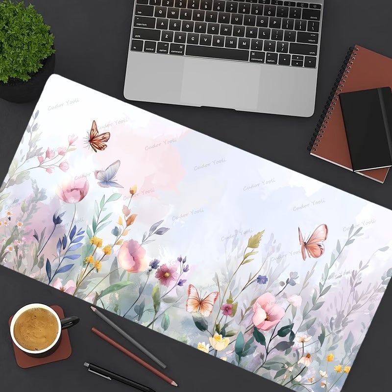 One Large Gaming Mouse Pad With Watercolor Flowers And Butterflies Design 27.5 X 11.8 Inches Anti Slip Rubber Base Stitched Edges For Home And Office Use - Image 2