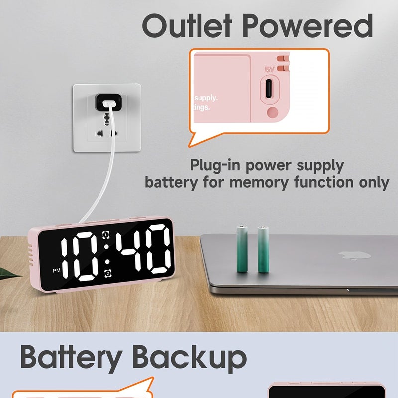 منبه وردي مع بطارية مزدوجة USB، 15 وضعًا للإضاءة، سطوع قابل للتعديل، وصوت عالٍ. - Image 2