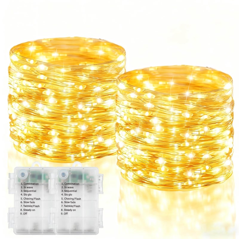 echosari 2 Pack Fairy Lights Battery Operated, 200 LED 66Ft Silver Wire Twinkle String Light 8 Modes Auto Timer Mini Christmas Fairy Lights for Bedroom Wedding Decor (Warm White) - Image 1