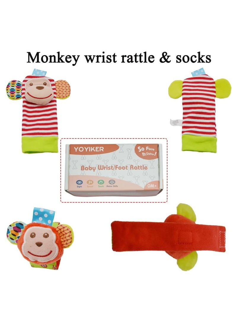 Rscy Baby Wrist Rattles Toys 0-3-6-12 Months & Foot Sock Rattle Toy, Monkey, Elephant, 4 Pieces - Image 2