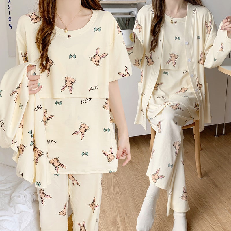 Confinement clothing summer thin postpartum nursing three-piece short-sleeved maternity pajamas summer maternity nursing clothing 8867 butterfly cute rabbit [lining short sleeve]] 