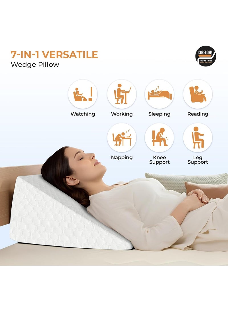 Carefoam Wedge Pillow Memory Foam for Back Support, Acid Reflux, Snoring, GERD, Pregnancy & Leg Elevation | Ergonomic Wedge Cushion – White Jacquard – 18L x 17.5W x 10H in – 2-Year Warranty - Image 3