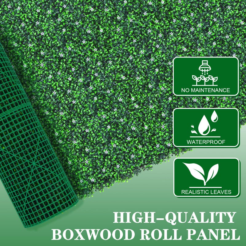Grooy 48"x 120"(40 sq.ft) Artificial Boxwood Roll Panels with Flowers, UV-Anti Faux Ivy Leaves Privacy Fence Screen, Grass Wall Roll Panels for Indoor Home Decor and Outdoor Garden Backyard - Image 3
