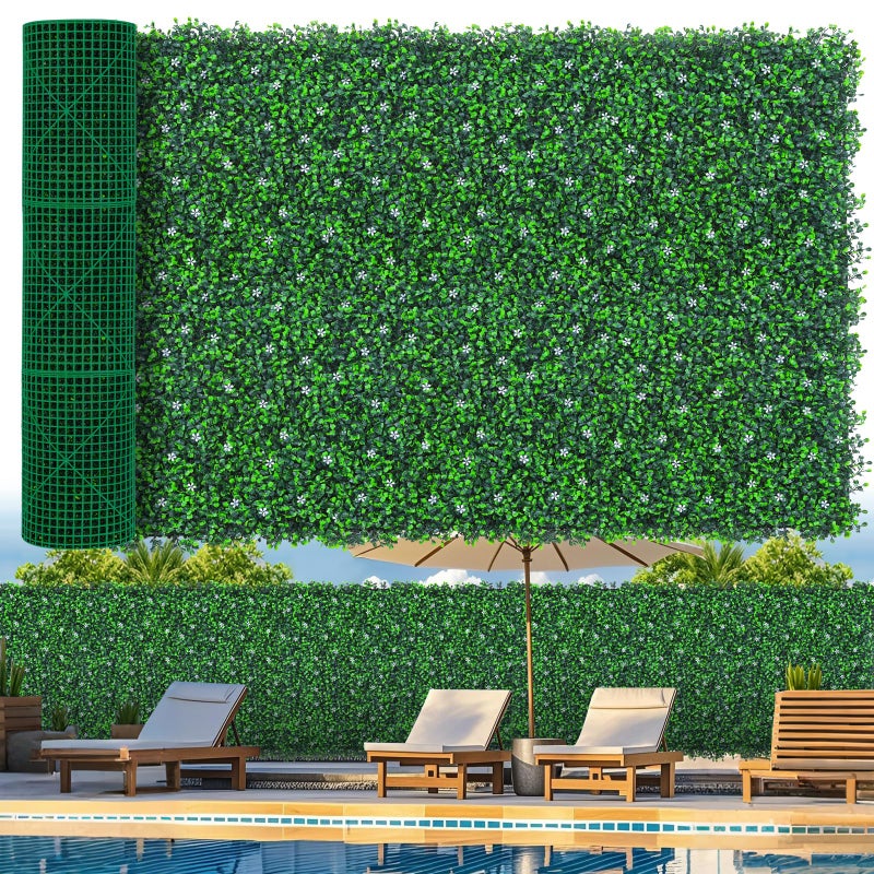 Grooy 48"x 120"(40 sq.ft) Artificial Boxwood Roll Panels with Flowers, UV-Anti Faux Ivy Leaves Privacy Fence Screen, Grass Wall Roll Panels for Indoor Home Decor and Outdoor Garden Backyard - Image 1