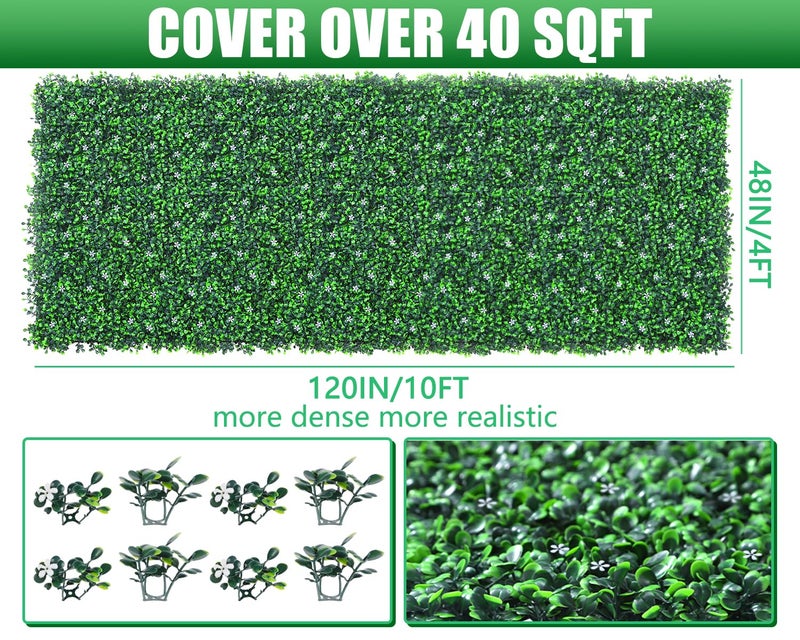 Grooy 48"x 120"(40 sq.ft) Artificial Boxwood Roll Panels with Flowers, UV-Anti Faux Ivy Leaves Privacy Fence Screen, Grass Wall Roll Panels for Indoor Home Decor and Outdoor Garden Backyard - Image 2