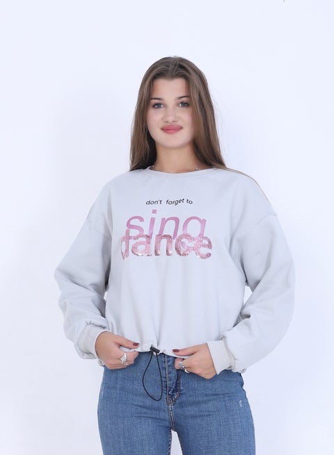 سويت شيرت نسائي بطبعة، وأكمام طويلة_رمادي