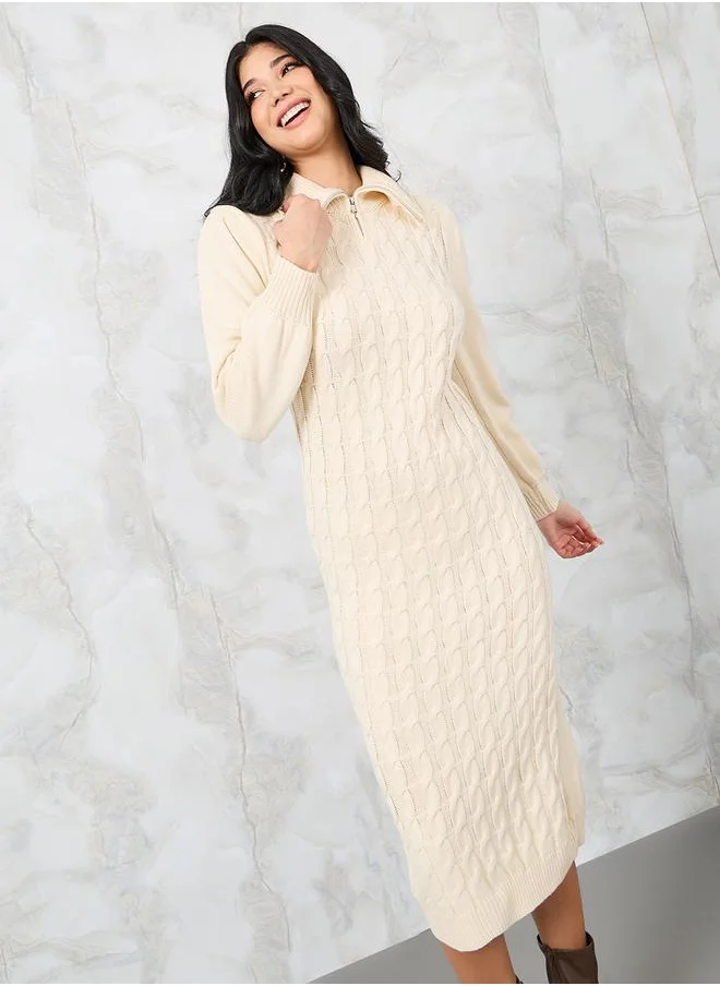 Styli Chunky Knit Zipped Collar Sweater Midi Dress