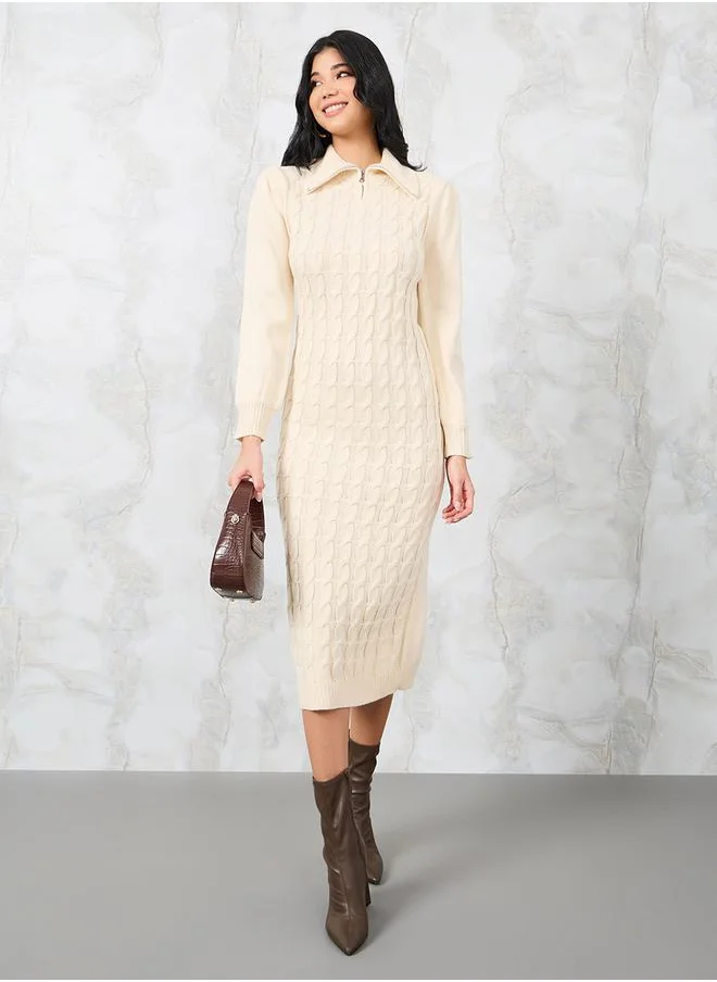 Styli Chunky Knit Zipped Collar Sweater Midi Dress