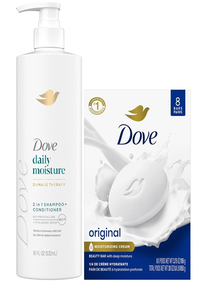 Dove Shampoo & Conditioner 2-in-1 + Dove Beauty Bar Soap 8-Pack - Deep Hydration for Revitalizing Dry Hair and Skin (9-Piece Set) - Image 1
