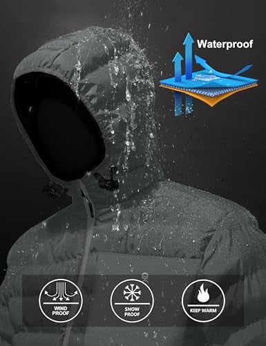 Little Donkey Andy Men's Warm Waterproof Puffer Jacket Hooded Windproof Winter Coat with Recycled Insulation Grey XL - Image 4