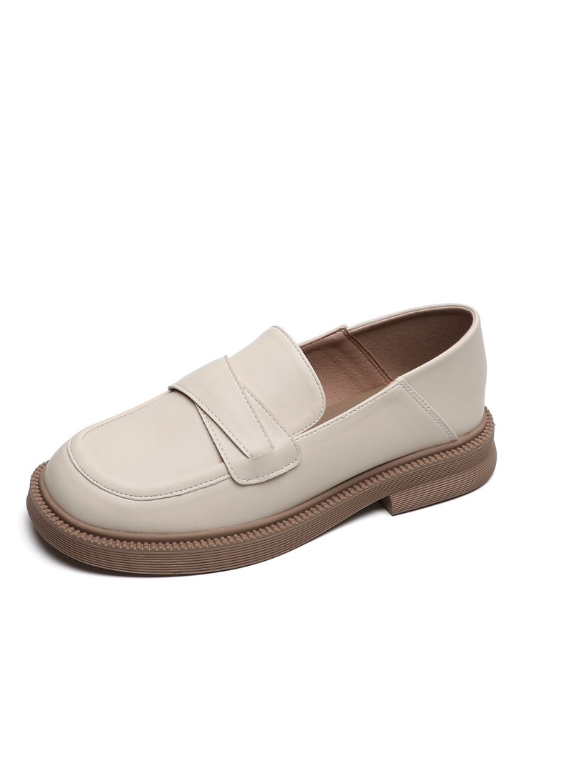 Loquat Round Head Preppy Shoes With Thick Soft Soles Beige 