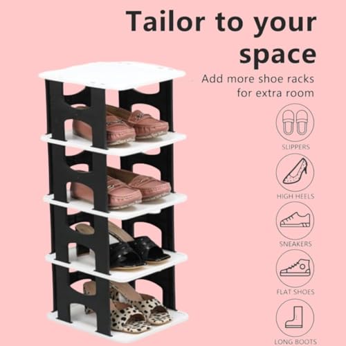 JEYANG 1 Pcs of 5 Tier Shoe Rack, Shoe Racks for Closet, Free-Combination Narrow Shoe Storage Organizer for Bedroom & Entryway, Space Saver Stackable Shoe Shelf,Grey, Black, Polypropylene - Image 2