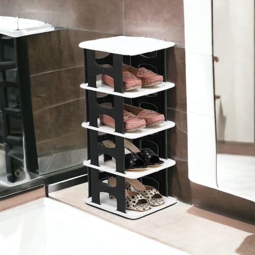 JEYANG 1 Pcs of 5 Tier Shoe Rack, Shoe Racks for Closet, Free-Combination Narrow Shoe Storage Organizer for Bedroom & Entryway, Space Saver Stackable Shoe Shelf,Grey, Black, Polypropylene - Image 1