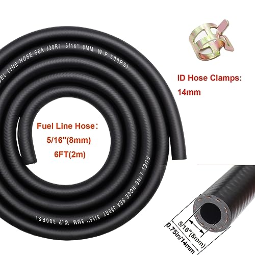 Taiss طقم خط الوقود Taiss 5/16" (8 مم) ID، 6.56 قدم (2 م) 300 PSI خرطوم وقود مطاطي NBR مع 10 قطع مشابك خرطوم 14 مم ID لأنظمة وقود السيارات المحركات: الجرارات، آلة جز العشب، آلة الثلج، إلخ - Image 2