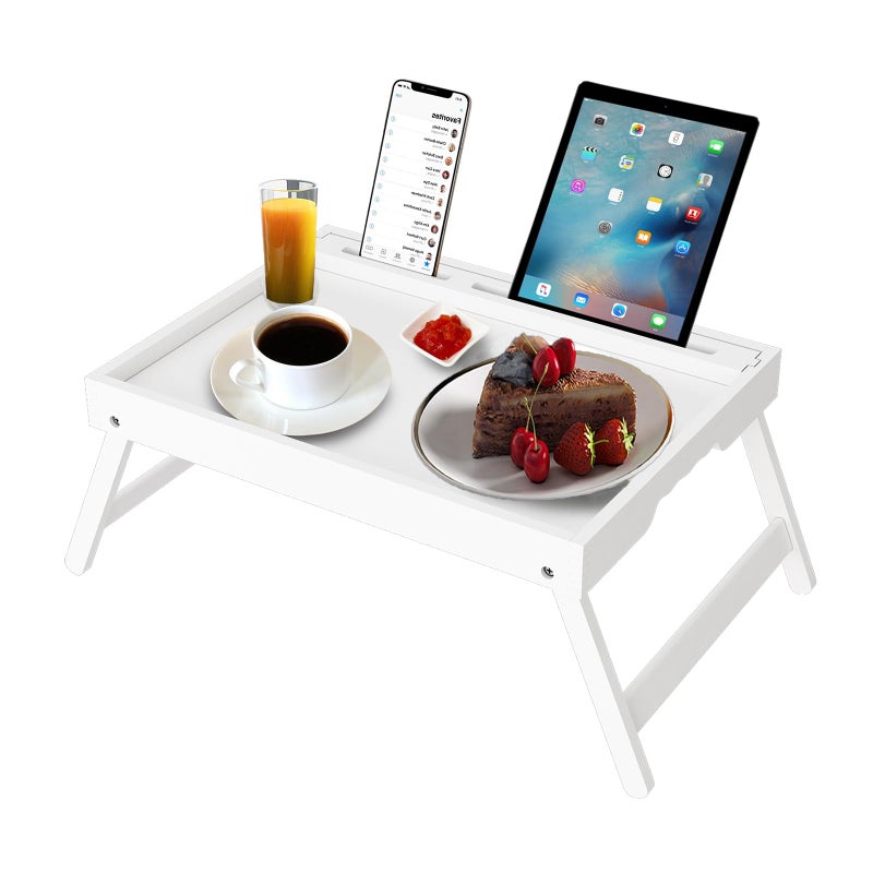 Bed Tray Table with Handles Folding Legs Bamboo Breakfast Food Tray with Media Slot for PlattersLaptop DeskSnackTV Tray Kitchen Serving Tray