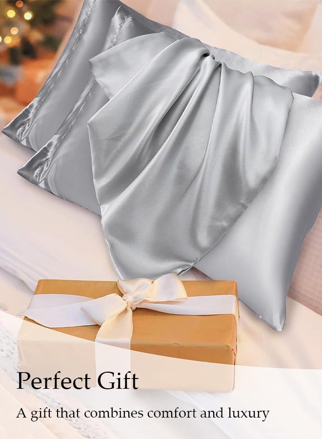 إسكدنيا عبوة 2 من غطاء الوسائد ساتان كينج للشعر والبشرة، أغطية وسائد فاخرة وحريرية مع إغلاق بظرف، 20x30 بوصة، رمادي - Image 2
