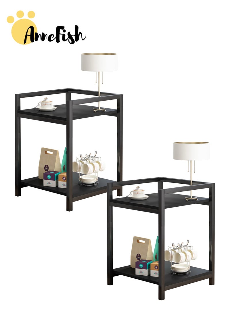 AnneFish 2pcs Side Tables Double Layer Small End Table Nightstand Set of 2 Sofa Service Table for Home Living Room and Bedroom Rustic Black  - Image 1