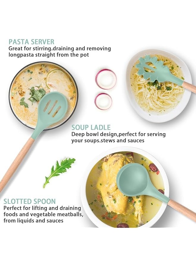 PROMASS 12 Pcs Silicone Cooking Utensils Kitchen Utensil Set - 446°F Heat Resistant,Turner Tongs, Spatula, Spoon, Brush, Whisk, Wooden Handle Green Kitchen Gadgets with Holder for Nonstick Cookware  - Image 4