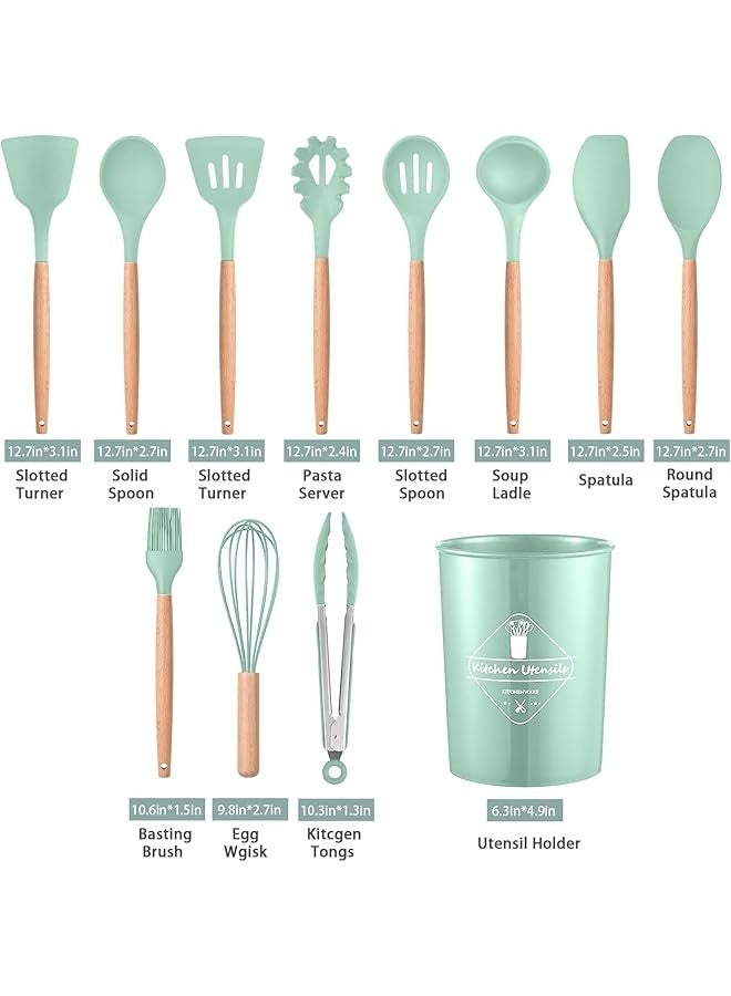 PROMASS 12 Pcs Silicone Cooking Utensils Kitchen Utensil Set - 446°F Heat Resistant,Turner Tongs, Spatula, Spoon, Brush, Whisk, Wooden Handle Green Kitchen Gadgets with Holder for Nonstick Cookware  - Image 5