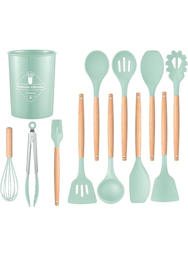 PROMASS 12 Pcs Silicone Cooking Utensils Kitchen Utensil Set - 446°F Heat Resistant,Turner Tongs, Spatula, Spoon, Brush, Whisk, Wooden Handle Green Kitchen Gadgets with Holder for Nonstick Cookware  - Image 1