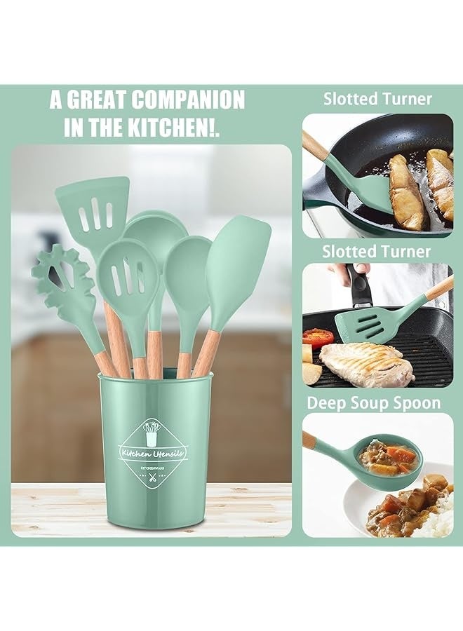 PROMASS 12 Pcs Silicone Cooking Utensils Kitchen Utensil Set - 446°F Heat Resistant,Turner Tongs, Spatula, Spoon, Brush, Whisk, Wooden Handle Green Kitchen Gadgets with Holder for Nonstick Cookware  - Image 2