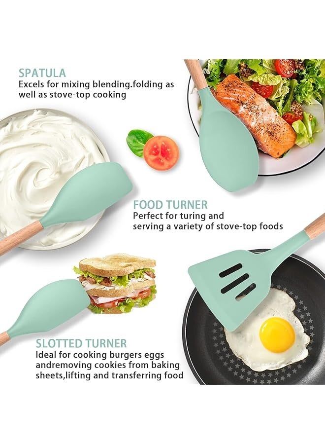 PROMASS 12 Pcs Silicone Cooking Utensils Kitchen Utensil Set - 446°F Heat Resistant,Turner Tongs, Spatula, Spoon, Brush, Whisk, Wooden Handle Green Kitchen Gadgets with Holder for Nonstick Cookware  - Image 3