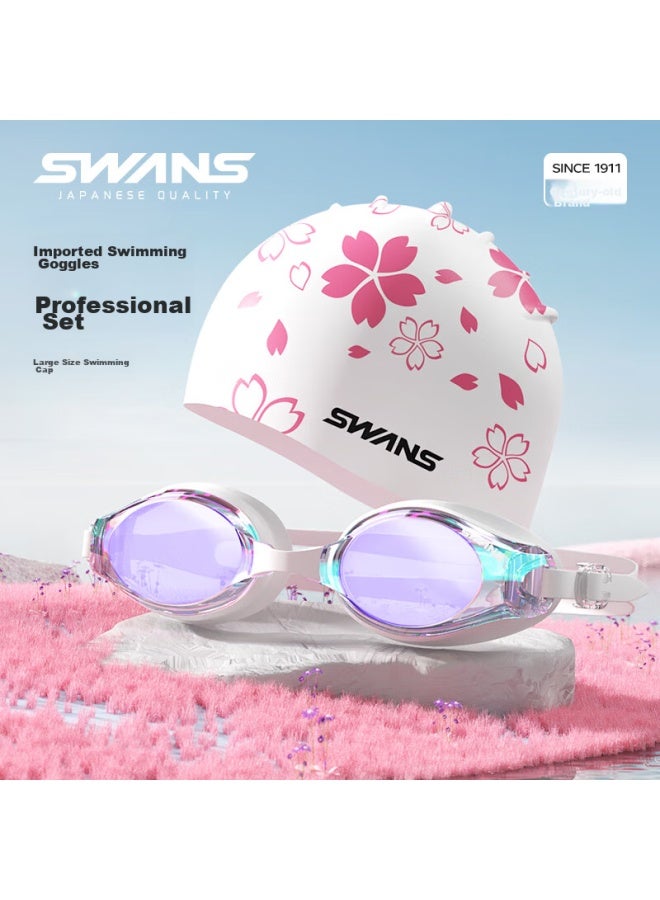 Swans Swimming Goggles, Imported From Japan, Waterproof, Anti-fog, High-definition Coated, Non-prescription Swimming Gl, Women's Swim Cap, Men's Professional Two-piece Set, White - Image 1