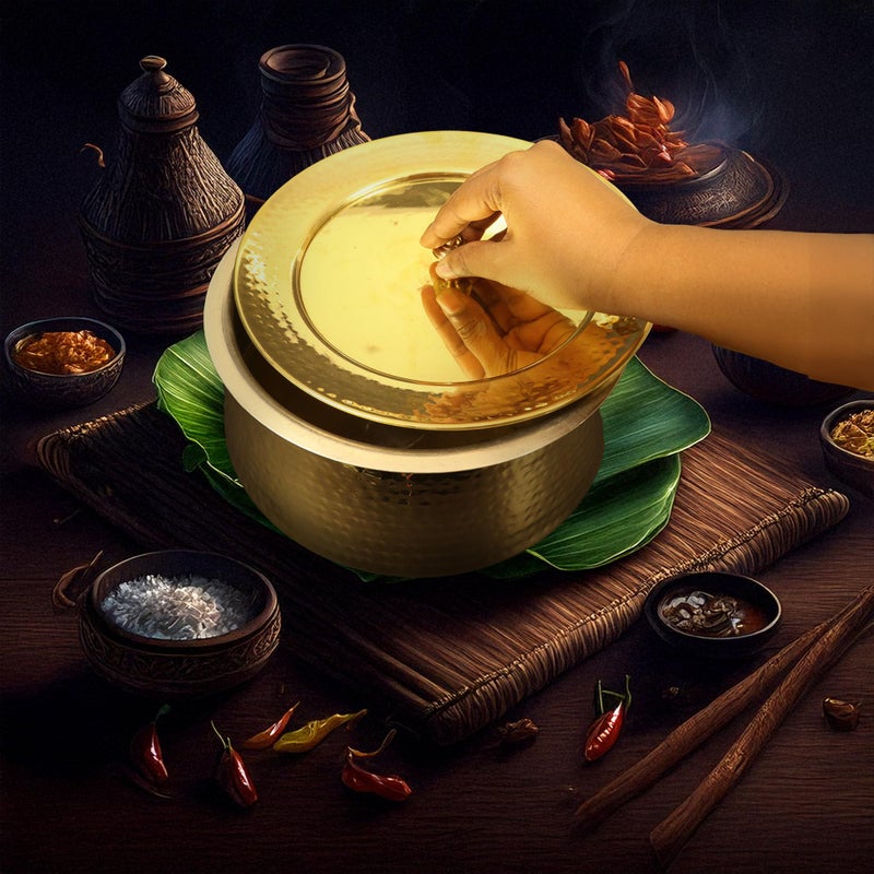 Spillbox Putrika Brass Kitchen Appliances Cooking Serving Pot Pan|Biryani Handi|Urli|Serveware|Tope |Patila|Cookware Bowl|Cooking Bowl Set with Lid- Hammered Lagan (Large) - Image 4